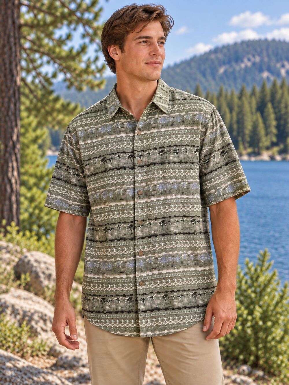 Shirt-Men-Field and Stream-Short Sleeve-100% Silk-Green-Light Weight-Size Large
